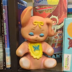 Vintage Pink Bunny Plush Figure with Yellow Bib - Kids Toy